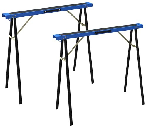 HOMCOM Set di 2 Cavalletti da Lavoro Pieghevoli in Metallo con Superficie Antiscivolo in EVA, Maniglia, per Lavori di Segatura, Cavalletto Salvaspazio per Legna, Carico Massimo 350 kg, Blu e Nero