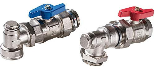 Verteiler-Anschluss-Set 90° für PUR-THERM® Verteiler 1'' bestehend aus: 2 Kugelhähnen DG 1 mit Verschraubung und Anschlusswinkel, 1 IG/AG, O-Ring dichtend, zusätzliche Bohrung 1/2 für Fühler oder Thermometer