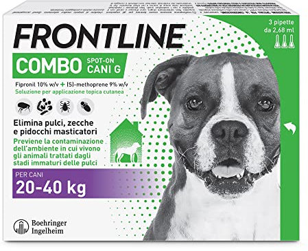 FRONTLINE Combo, 3 Pipette, Cane Taglia L (20 - 40 Kg), Antiparassitario per Cani e Cuccioli di Lunga Durata, Protegge il Cane e Anche la Casa da Pulci, Zecche, Uova e Larve, Antipulci 3 Pipette