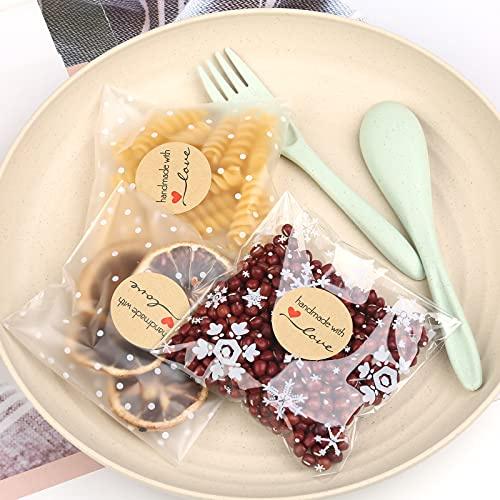 Bolsas Celofan Transparentes, 200 Piezas Autoadhesivas para Chuches y Dulces, Regalo Con Lunares y Copo de Nieve, Plástico OPP para Galletas, Caramelos y Bombones 10x10cm
