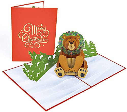 PopLife - Biglietto di Natale pop-up con orsetto natalizio, con scritta in lingua inglese Merry Christmas, regalo di Natale, Capodanno, per nipoti, papà, nonno, per gli amanti degli animali