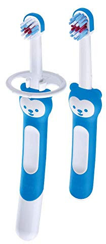 Mam Learn To Brush Zahnbürsten-Set für Kinder mit langem Griff, 5 Monate, hellblau