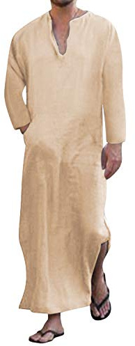 Jacansi Men's Home House Robe V-neck Short Sleeve Kaftan Cotton Long Gown Thobe (Khaki #1, L)