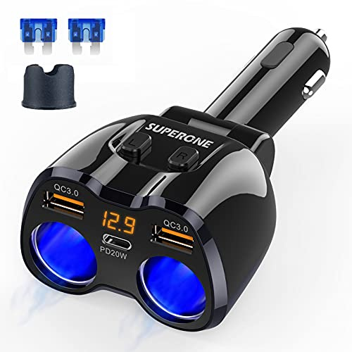 SUPERONE - Divisor de Encendedor de Cigarrillos, Adaptador de Encendedor de Cigarrillos de 180 W con Doble QC3.0 y 20 W PD USB C, Divisor de Cargador de Coche para GPS, cámara de salpicadero, Laptop,