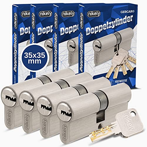 GERCAR Pro Cilindro profilato 35/35 massiccio con chiusura simultanea, set di 4 cilindri a doppio cilindro, in ottone opaco, con 10 chiavi, chiave reversibile, lunghezza: 70 mm, A:35 - 4 x