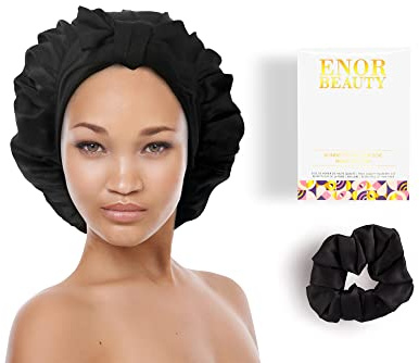 Bonnet de Nuit en Soie Naturelle de Mûrier- Femme-19 Mommes-Extra Large-Bandeau élastique– Charlotte- Foulard De Sommeil- Pour Cheveux Secs Cassants bouclés Afro Crépus– Night Silk Sleeping Cap (Noir)
