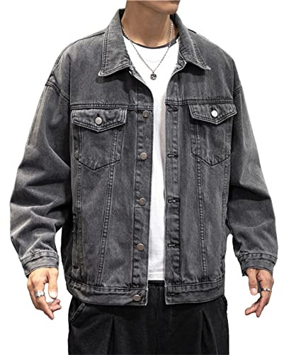RGVV Jeans Jacket Men, Trucker Jacket Jeans Lightweight Casual Jacket Dark Grey Transitional Jacket Button Down Lapel Coat Slim Fit Stretch Denim Jacket Biker Classic Cargo Jacket For Men,Xl