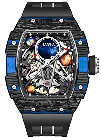 Haofa Automatische mechanische Uhr für Herren 3D Planet Interstellar Hollow Watch Kohlefaser Lünette Saphir wasserdicht Leuchtend Herrenuhr Business Casual Watch 1971 Blau Schwarz