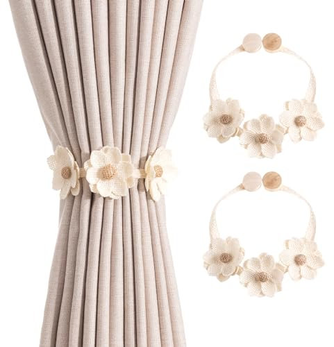 Magnetische Vorhang Raffhalter 2 Stück, Kameli Vorhanghalter Gardinen Clip für Vorhänge Boho Deko, Gardinenhalter Zugband, Gardinen Seil Beige für Haus Dekoration