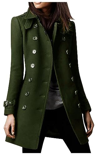 Susenstone Femme Manteau en Laine Mélangée à Double Boutonnage Hiver Chic Chaud Mi-Long Épaulette Mince Blazer Couleur Unie Coupe-vent Blouson