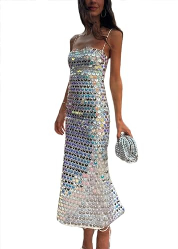 ORANDESIGNE Donne Abiti Lunghi Spegno Spaghetti Senza Maniche Abito da Sera Collo Quadrato Abito a Matita Flima Indietro Senza Schienale Stile Vintage Abito da Cocktail A Argento XS