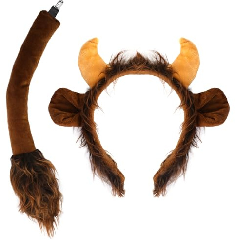 XEPST Bull Costume Set, Bull Horns Cow Ears and Tail Set with Ox Horns Headband and Bull Tail for Animal Costume Cosplay Halloween Costume Birthday Party Accessories Fancy Dress Party Supplies