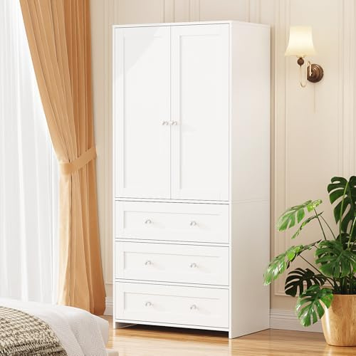 VOWNER Armoire Wardrobe Closet with Drawers and Mirror, 71 Clothing Storage Cabinet with Hanging Rod, 2 Doors Wooden Wardrobe Cabinet for Bedroom, Large Capacity Storage, White