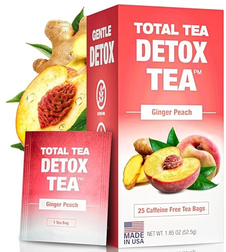 Total Tea Zero Coffein Tee Detox - Ganz Natürlich - Kräutertee zur Sanften Reinigung Unterstützt die Leberregeneration, Körper entgiften, Entgiftungskur - 25 Teebeute Ingwer-Pfirsich