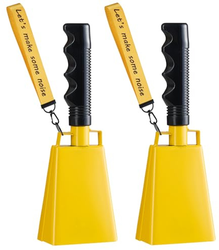 Cow Bells with Wrist Strap - Cowbell with Handle 2pcs, Customizable Cowbells for Sporting Events, for Football Games,Chimes, Percussion, Musical Instruments, Call Bell, Farm Ranch (yellow)