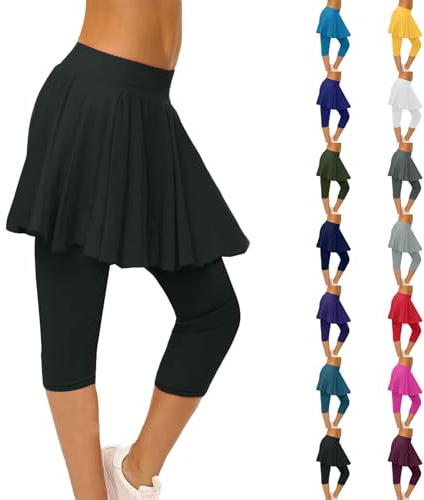 Leggings deportivos para mujer con falda 2 en 1, falda plisada para mujer con leggings 3/4, mallas deportivas activas, cintura alta, falda para exteriores, fitness, gimnasia, pantalones deportivos