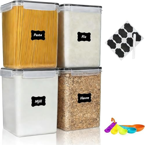 stusgo 4 pezzi 5,2L / 175 oz Grande contenitore per alimenti, barattoli sigillati in plastica senza BPA per farina, zucchero, prodotti da forno, riso con coperchi, misurini ed etichette