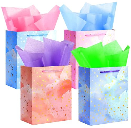 AMFUN 4 Pezzi Sacchetti Regalo Compleanno, Sacchetti Regalo Eleganti in Carta con 4 Veline e Manici, Sacchetti Caramella Biscotto di Festa per Compleanno, Matrimonio, 23 × 18 × 10cm