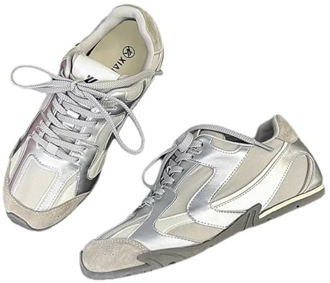 Ballet Sneakers for Woman Leather Trendy Sporty Lace Up Wide Box Ballerina Flats Fancy Casual Ballet Shoes 2025 Spring Summer Running Hiking Walking Soft Breathable Footwear(Silver,Numeric_6)