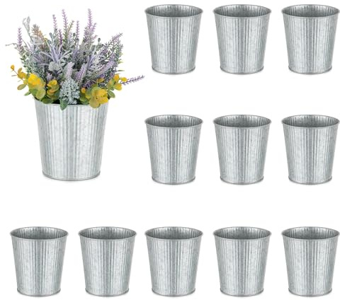 NUPTIO Små Rustika Vaser Mittpunkt: 12 Delar 13cm Galvaniserad Metall Blomstervaser för Bröllopsfest - Mini Silver Planter Trumpet Växtkrukor för Hem Trädgård Bordsdekor