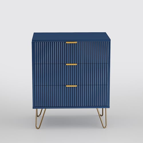 WOBOPCG Mesita de Noche 3 Cajones, Cómoda de 3 Cajones Mesitas Auxiliares con Cajones Mesa Auxiliar de Madera Mesita de Noche Azul Patas y Asas Doradas Panel de Veta Vertical (1)
