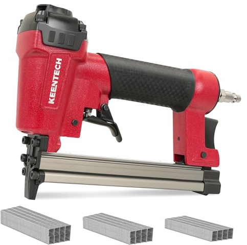KEENTECH Pneumatic Staple Gun 22 Gauge, Air Upholstery Stapler with 3765pcs 3/8 Crown Staples 1/4-5/8, Ready-to-Use Air Staple Gun with Staples, Safety Trigger, for Wood Furniture Fabric Leather