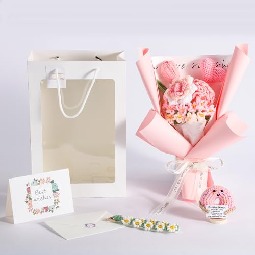 Handmade Birthday Gifts Set for Women Crochet Flower Bouquet Crochet Positive Support Hand Knitted Keychain Inspirational Gifts Box for Women Gifts Basket Get Well Soon Birthday Presents Rose