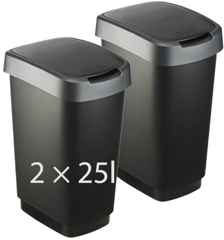 Rotho Twist 2er-Set Mülleimer mit Deckel 25l | Abfalleimer Küche und Recycling Center | mit Schwingdeckel und Klappdeckel | schmal & platzsparend | leicht zu reinigen | schwarz/anthrazit