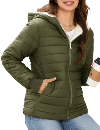 Yuson Girl Chaqueta para Mujer Invierno Abrigo Ligero Corto Entretiempo de Manga Larga Cazadora Ligeros Mulher Cortavientos con Capucha Chaquetas Padded Termica Parka Jacket(Verde militar, M)