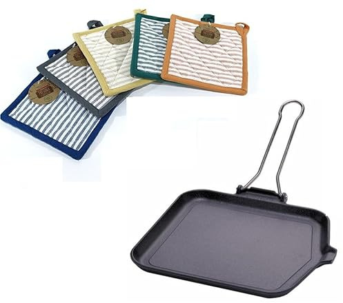 mille idee Bistecchiera Liscia in Ghisa con Manico Pieghevole + Presina Termica in Cotone – Piastra Rettangolare Antiaderente per Carne, Verdure e Griglia – Adatta a Gas, Forno e BBQ 24X24CM Ilsa