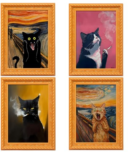 4PCS Cat Fridge Magnet Picture Frame,Mini Photo Frame Refrigerator Magnets,Cute Cat Portrait Fridge Magnet,Vintage Black Cat Oil Painting Wooden Fridge Magnet Frames,Funny Wooden Refrigerator Magnets