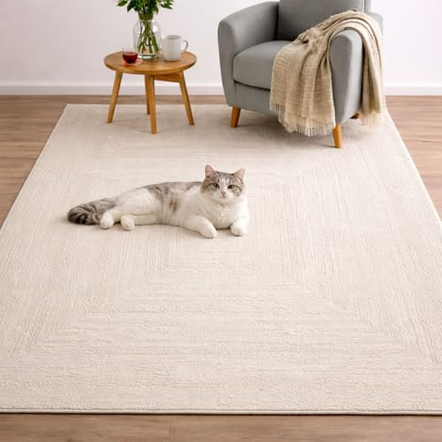 VIMODA Teppich Wohnzimmer Schlafzimmer Modern Hoch&Tief Bordüre Qualitativ 3D Effekt,Farbe:Creme;Maße:240x330 cm