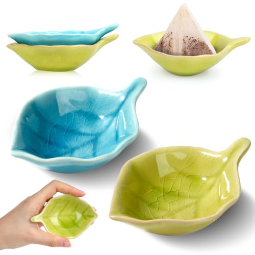 2 bolsas de té de cerámica en forma de hoja de té con diseño agrietado, soporte para bolsitas de té, plato de porcelana para bolsas de té, apto para lavavajillas para hogares u oficinas, azul, verde