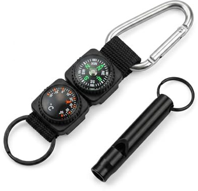 YIPFEN Brújula Llavero Set de 2 Metal Negro con Silbato Emergencia – Herramienta esencial para navegación y seguridad outdoor en Senderismo, Camping y Supervivencia.