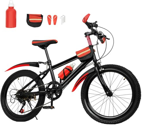 DAOHHFO 20 tums cykel, 7-växlad premium mountainbike dubbel skivbroms pojkar flickor cykel justerbar höjd- MTB cykel med vattenkoppshållare och kompassklocka för pojkar, flickor