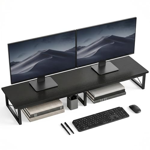 HOMCOM Supporto per Monitor da Scrivania, Rialzo per Monitor in Legno con 2 Scomparti Portaoggetti, per Laptop e PC, Fino a 20kg, 114x30x16.5 cm, Nero