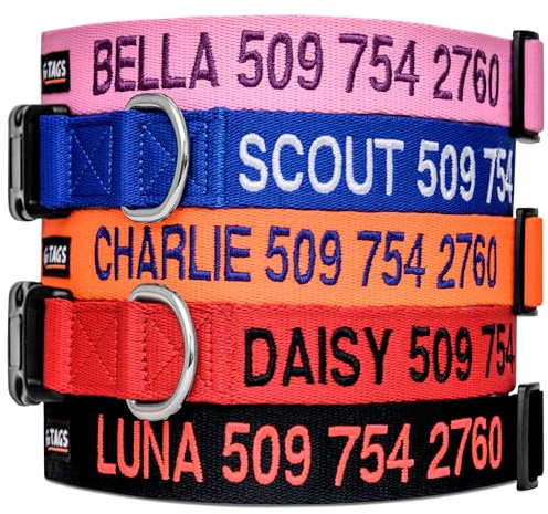 GoTags Personalized Dog Collar, Custom Embroidered with Pet Name and Phone Number in Blue, Black, Pink, Red and Orange, for Boy and Girl Dogs or Cats, Adjustable Sizes, Small, Medium, and Large