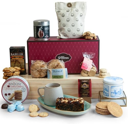 Ultimate Luxury Afternoon Tea Hamper Basket - Fruit Cake, Cookies, Italian Coffee, Pralines, Tea & Biscuits Gift Set - Christmas Hampers for Couples, Birthday Gifts for Grandparents - by Hay Hampers