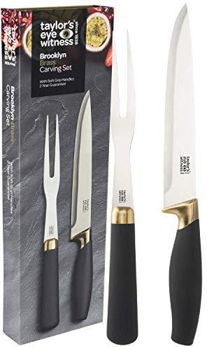 Taylors Eye Witness Carving Knife & Meat Fork Set - 20cm/8 Inch Classic Matt Stainless Steel Blade. Strong, Stylish Two Prong Fork for Professional Chefs & Home Cooks. Brass Bolster. Soft Grip Handle