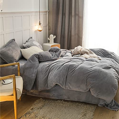 Omela Warm Fleece Winter Bettwäsche 135x200 Silber Grau Cashmere Touch Plüsch Bettbezug mit Kopfkissenbezug 80x80 cm 2 Teilig Flauschig Coral Fleece Microfaser Winterbettwäsche Set Reißverschluss