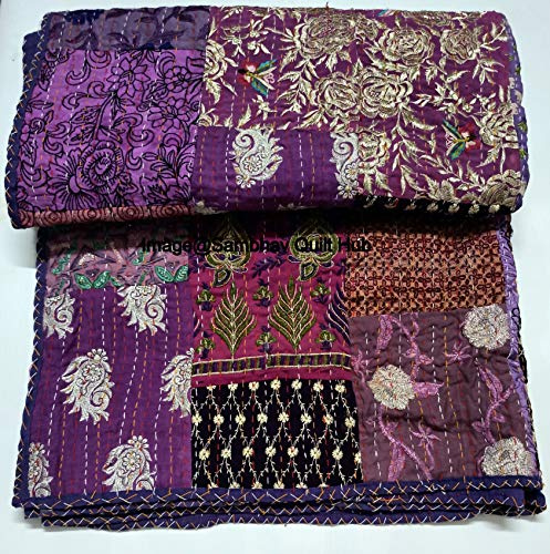 Handmade Vintage Silk Sari Jari Patchwork Khambhadiya Kantha Quilt Reversible Bed Cover/Throw Blanket - Twin/Queen/King (Purple, 90X108 inches)