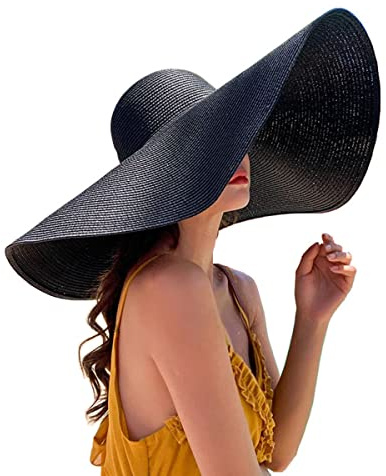 Oversized Beach Sun Hat for Women, Foldable Fashion Floppy Roll Up Visor Hats, Large Wide Brim Straw Hats for Summer Vacation Black