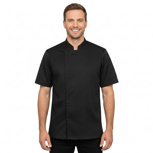 PALLTEX Nori SS Giacca Cuoco Uomo e Donna Unisex con i Bottoni Automatici Giacca da Cuoco Ristorante Divisa da Cuoco a Maniche Corte, Nero, XXXL