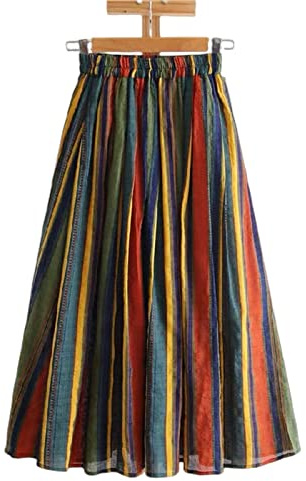 COTCLO Falda larga de lino de algodón para mujer, falda plisada de cintura alta elástica, holgada, casual, acampanada, para playa, f, 44
