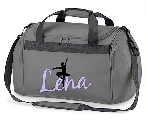 minimutz Sporttasche Ballett mit Namen | Personalisieren & Bedrucken | Motiv Ballett-Tänzerin Ballerina | Reisetasche Umhänge-Tasche für Mädchen (grau)