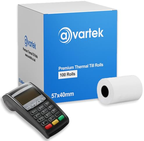 57 x 40mm Premium Thermal Paper Till Receipt Rolls for PDQ Credit Card Machine, POS, EPOS, Card Machines, Barclaycard, Verifone, Ingenico, Sagem, Spire, Pax, Worldpay [Pack of 100] - AVARTEK