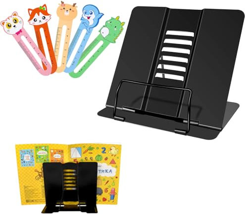 Supporto da Lettura in Metallo, Supporto per Ricettario Regolabile, Regolabile Metal Book Stand, Leggio in Metallo per Libro, Multifunzione Leggio Libri, con 5 pcs Segnalibri Per Bambini (Nero)