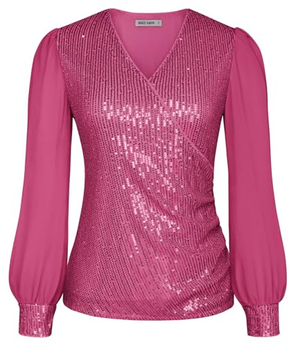 GRACE KARIN Sexy Top de Mujer con Escote en V, Blusa Envolvente de Brillo, Mangas abullonadas Vintage, Blusa navideña para cóctel, Camisa roja Rojo Rosa XL