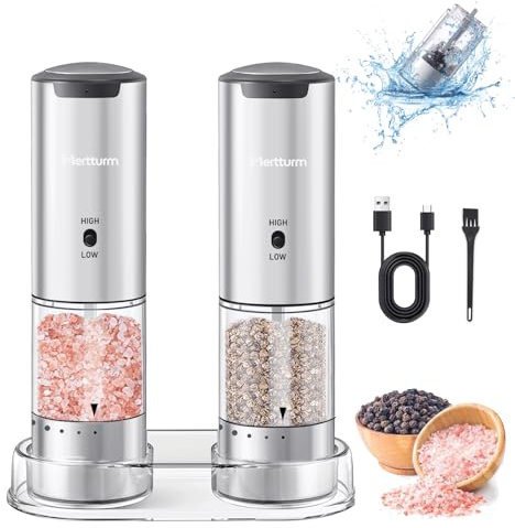 MERTTURM Macina Sale e Pepe Elettrico, Alta velocità di rettifica Macinaspezie, Contenitore Lavabile, Grana Esterna Regolabile, Acciaio Inossidabile per Cucinare, Barbecue, Cucina