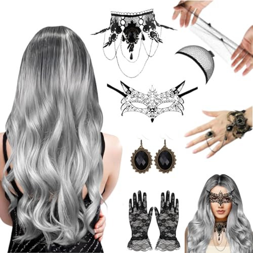 9Pcs Peluca Mujer Halloween, Juego de Pelucas para Mujer, 70cm Ombre Gris Plata Largo Rizado, con Redecilla, Aretes, Gótica Pulseras, Peluca de Mu-jer para Carnaval, Fiestas Temáticas y Cosplay (A)
